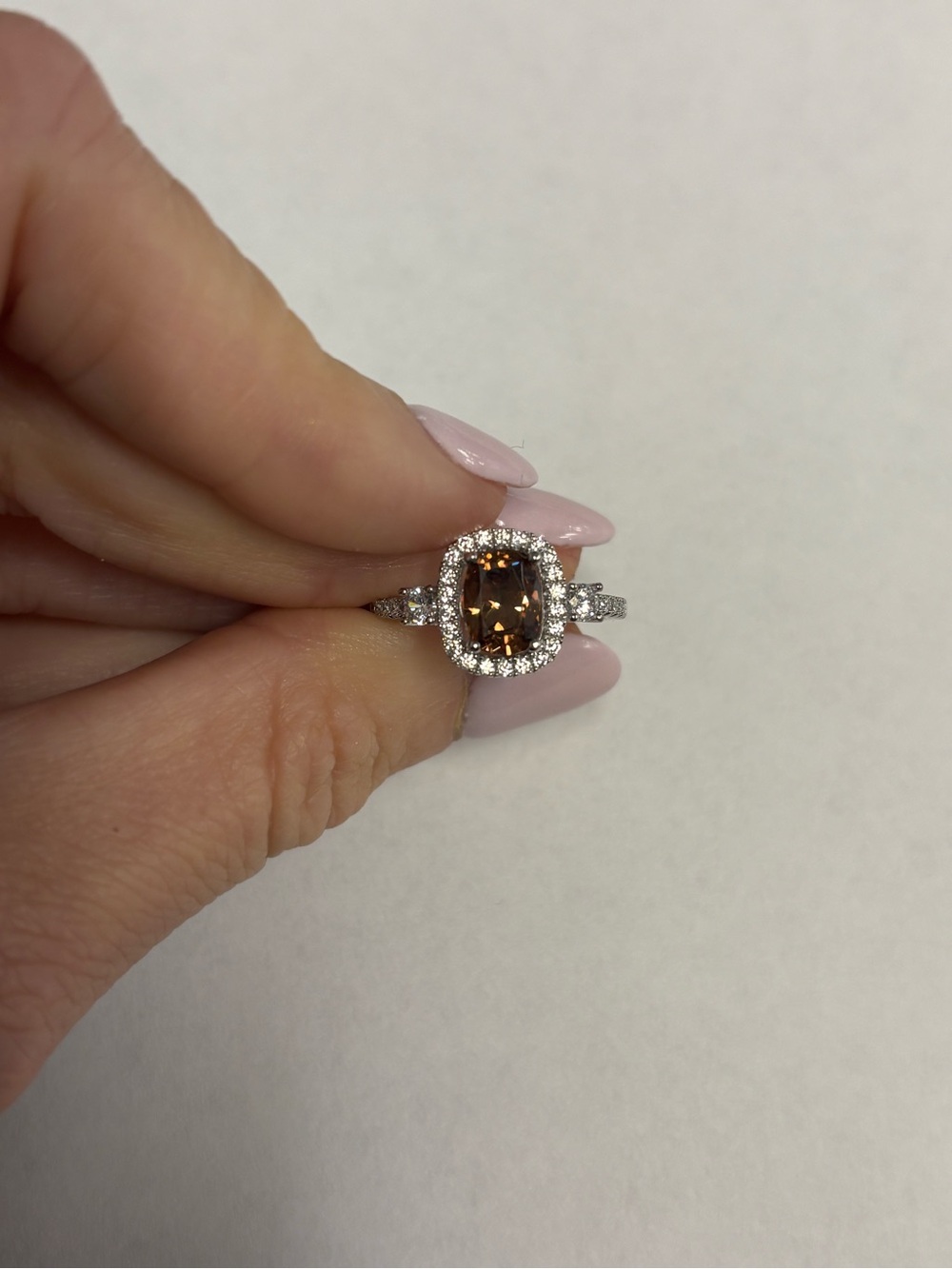Suzy Levian Sterling Silver Brown Cushion CZ Halo Engagement Ring NWT Size 7